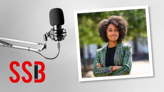 Ellora Derenoncourt, a microphone, and the Social Science Bites logo