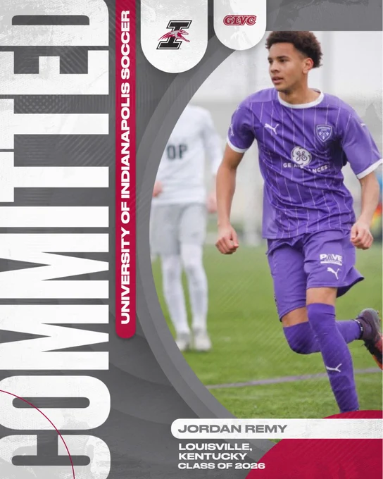 Graphic announcing new recruit, Jordan Remy who joins the University of Indianapolis soccer team.