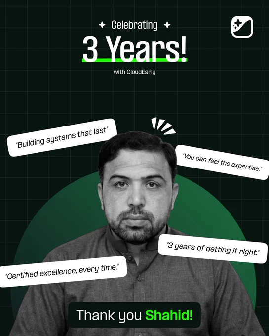 Black-and-white portrait of Shahid centered on a dark green grid background with a circular green gradient behind him. Text reads “Celebrating 3 Years with CloudEarly,” with floating quotes like “Building systems that last,” “You can feel the expertise,” and “Certified excellence, every time.” A bold message at the bottom says, “Thank you Shahid!”