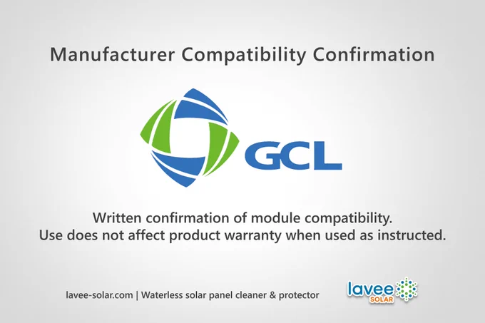 Graphic showing the GCL logo with the heading “Manufacturer Compatibility Confirmation”. Text states that GCL has provided written confirmation of module compatibility and that use does not affect product warranty when used as instructed. Lavee Solar branding appears at the bottom.