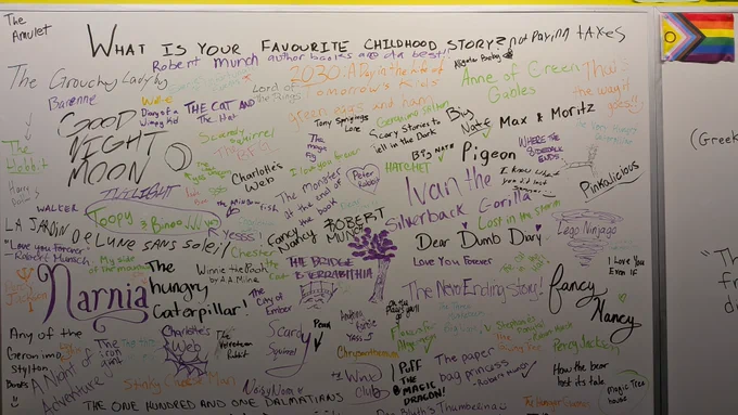Whiteboard with the question, "What is Your Favourite Childhood Book?" and filled with answers