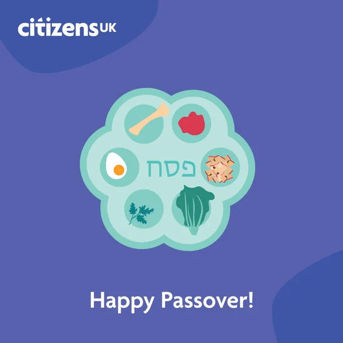 Illustration of a Passover Seder plate with traditional symbolic foods on a blue background and 'Happy Passover!' text below.