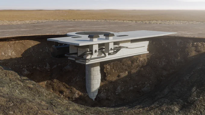 Cross-sectional view of a large underground structure with a cylindrical base and a flat platform above ground in a barren landscape.