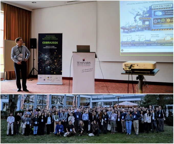 Top: Andreas Dräger presenting software solutions and their application towards building an AI-based factory for generating genome-scale metabolic models.
Bottom: Group picture of all participants of this year's COBAR conference in Potsdam.