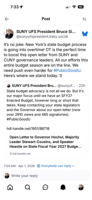 Follow me @sunyufspresident.bsky.social for official updates on the open letter from SUNY and CUNY governance leaders laying out our state budget priorities. The state budget is going into OT and this thread lays out the game plan that SUNY University Faculty Senate will be fine-tuning in the run-up to our plenary April 16-18!