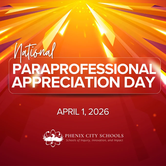 Bright orange and yellow rays highlight National Paraprofessional Appreciation Day on April 1, 2026, with Phenix City Schools logo below.