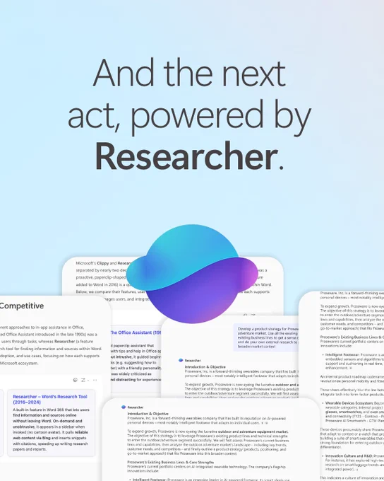 Text reads "And the next act, powered by Researcher".