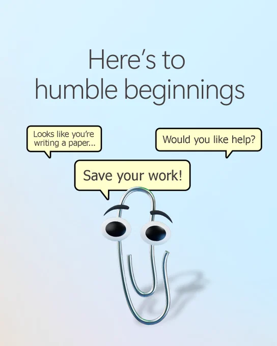 Text reads "Here's to humble beginnings". Clippy below with three speech bubbles.