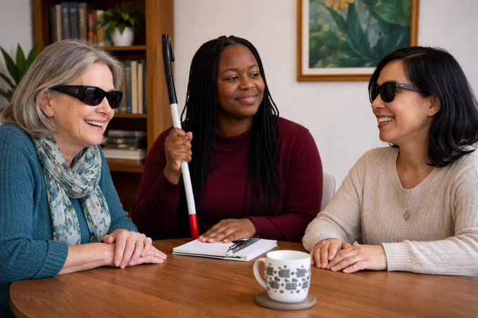 Three women smiling around a table.  One woman is holding a cane