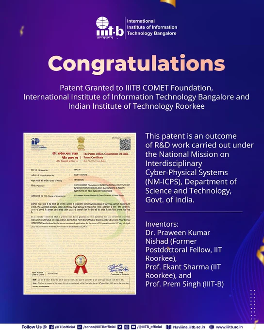 Poster from IIIT-Bangalore announcing a patent grant to IIITB COMET Foundation, IIIT-Bangalore, and IIT Roorkee. The design features a purple-blue gradient background with “Congratulations” prominently displayed. A patent certificate image is shown on the left. The text highlights that the patent is an outcome of R&D under the National Mission on Interdisciplinary Cyber-Physical Systems (NM-ICPS), Department of Science and Technology, Government of India. Inventors listed include Dr. Praween Kumar Nishad, Prof. Ekant Sharma, and Prof. Prem Singh.