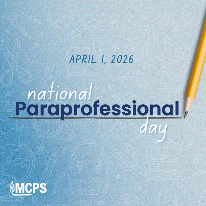 April 1, 2026, National Paraprofessional Day highlighted with a pencil on a blue background featuring school-related icons.