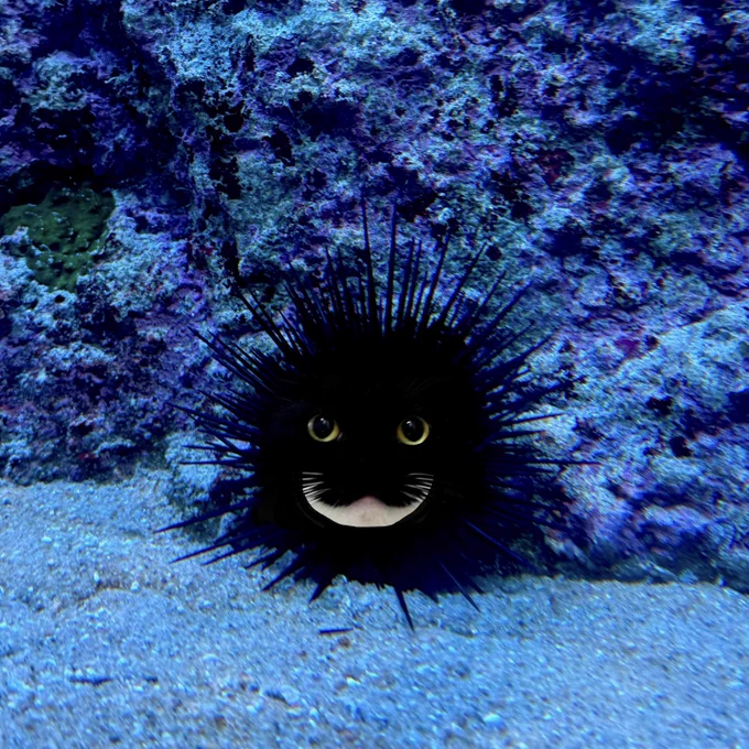 A black-and-white cat’s face edited onto a sea urchin underwater