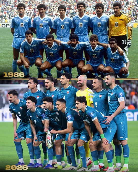Splitscreen showing Iraq at FIFA World Cup 1986 and FIFA World Cup 2026