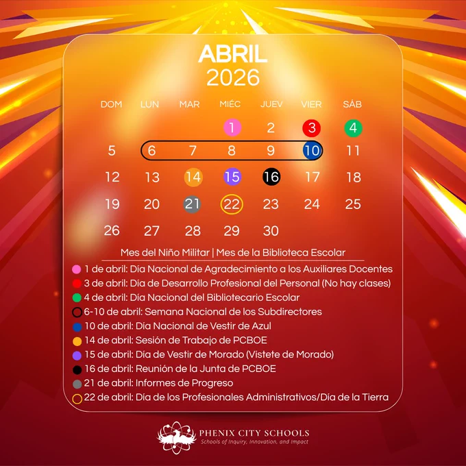 April 2026 calendar highlighting key dates and events for Phenix City Schools with colorful markers and event descriptions in Spanish.