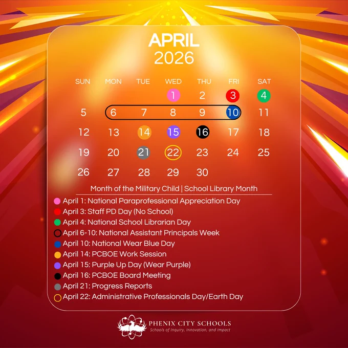April 2026 calendar highlighting key Phenix City Schools events and observances with colorful date markers and a vibrant orange background.