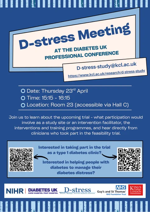 poster describing when and where to attend the d-stress project meeting with logos and QR codes for direct links