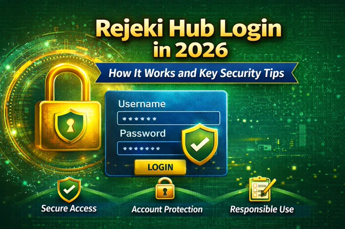 Infographic showing Rejeki Hub login in 2026 with a secure login interface, padlock icon, and security elements highlighting account protection, safe access, and responsible usage on a green tech-themed background.