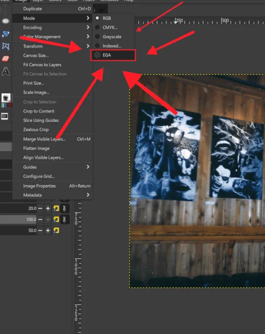 Red arrows point to the image menu in this GIMP screenshot. There’s an extra choice, EGA. Extended Graphics Adaptors in the original IBM PC allowed 16 colours to be displayed at the same time. Yes, we’re being silly today.