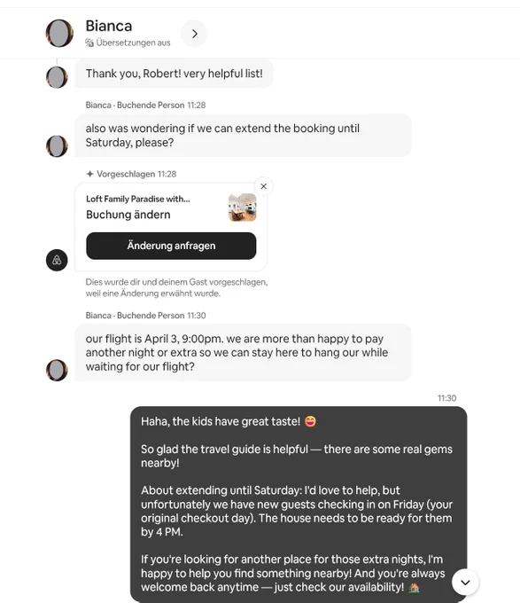 Screenshot of an Airbnb guest chat handled automatically by AI. The guest requests a booking extension and mentions three children with severe food allergies. The AI declines due to a fully booked calendar, explains the reason honestly, and immediately offers to find a nearby alternative with a kitchen — all without any manual input from the host.