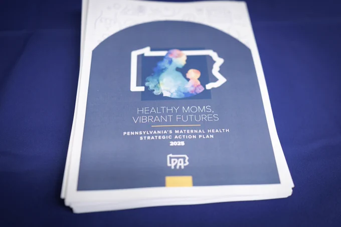 Healthy Moms Vibrant Futures strategic action plan handouts sitting on a table.