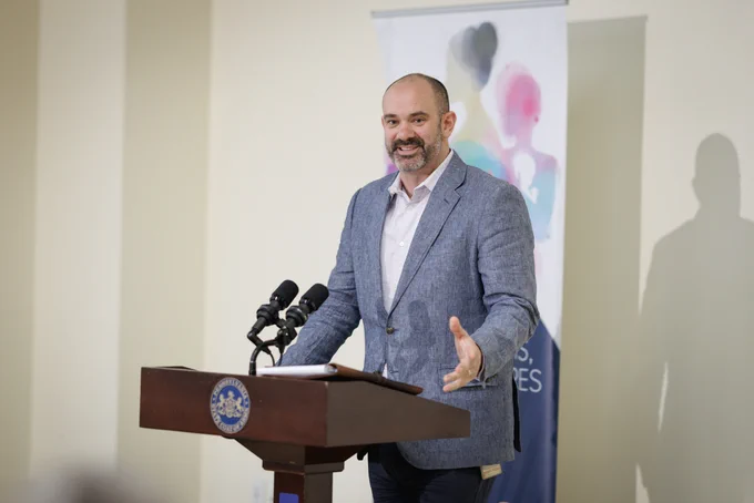 Insurance Commissioner Michael Humphreys discusses maternal health coverage at a press event announcing the new maternal health strategic action plan in Pennsylvania.