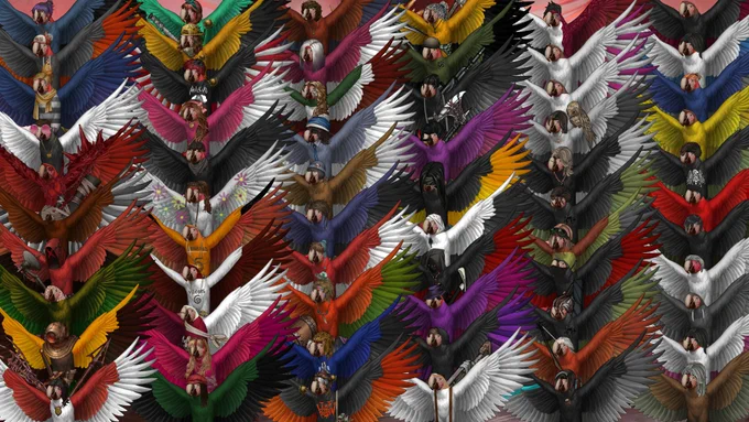 Imagem de 63 araras caracterizadas como os protagonistas de todas as temporadas de Ordem Paranormal.