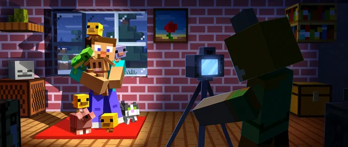 Minecraft render of Steve posing for a photo while trying to hold several baby mobs, as Alex takes the picture.