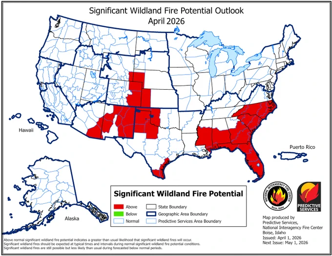 Map of the United States depicting the significant wildland fire potential for April 2026. 