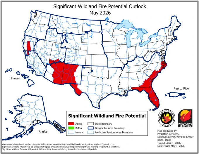 Map of the United States depicting the significant wildland fire potential for May 2026. 