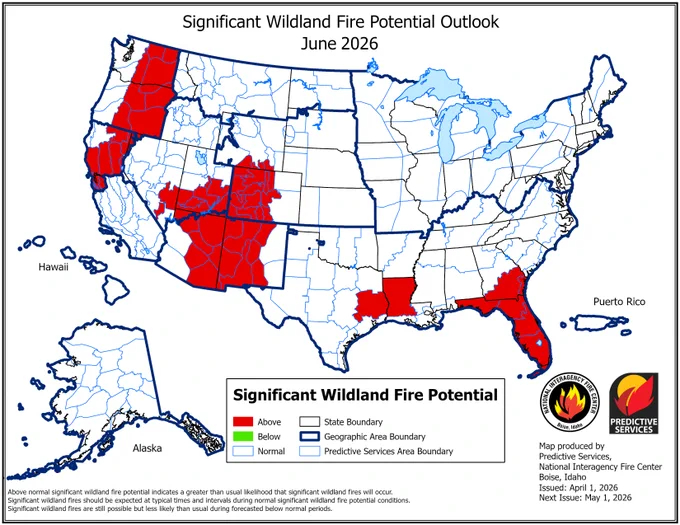 Map of the United States depicting the significant wildland fire potential for June 2026. 