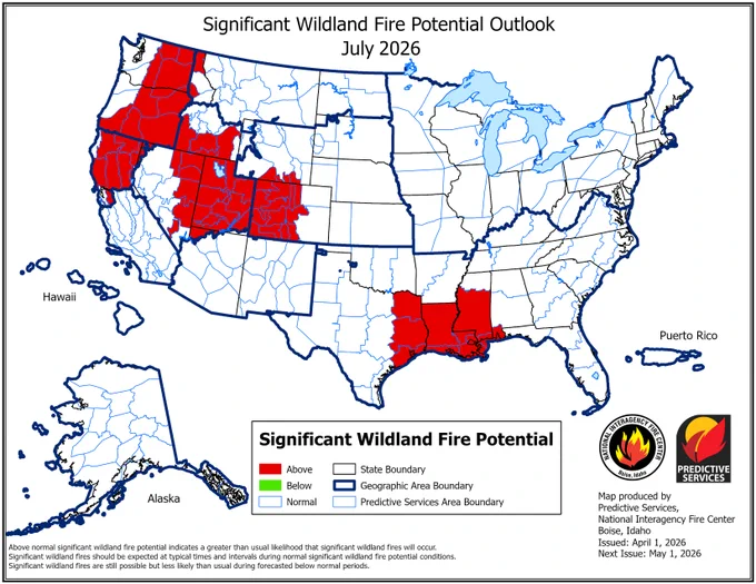 Map of the United States depicting the significant wildland fire potential for July 2026. 