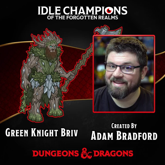 Image of the new Green Knight Briv skin for Idle Champions of the Forgotten Realms, with a photo of Briv's creator Adam Bradford and the Dungeons & Dragons logo