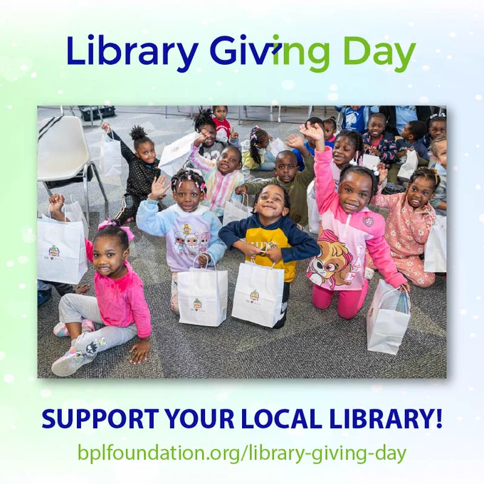 A Library Giving Day graphic featuring a wide photo of a large group of preschool-aged children sitting on a carpeted floor. They are all smiling and holding up white gift bags from the "Books 'n' Bears" program; several children are waving at the camera. The background is a soft blue and green gradient with hearts. Text at the top reads "Library Giving Day." Text at the bottom reads "SUPPORT YOUR LOCAL LIBRARY!" followed by the website URL: bplfoundation.org/library-giving-day.