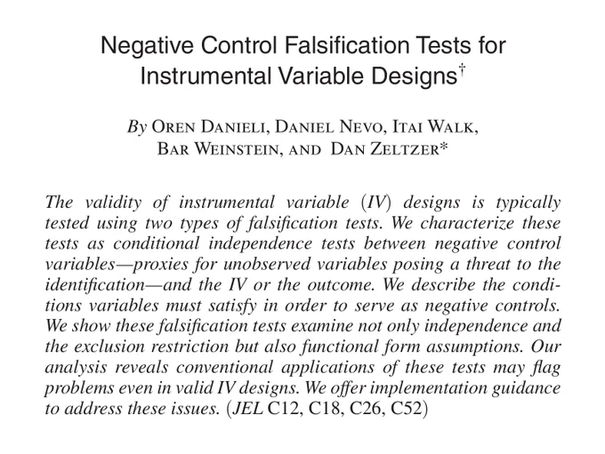 Screenshot of the paper's title page from the American Economic Review (2026, Vol. 116, No. 4). Title: "Negative Control Falsification Tests for Instrumental Variable Designs" by Oren Danieli, Daniel Nevo, Itai Walk, Bar Weinstein, and Dan Zeltzer. The abstract states that IV designs are typically tested using two types of falsification tests, characterized as conditional independence tests between negative control variables and the IV or outcome. The paper describes conditions these proxies must satisfy, shows these tests examine not only independence and the exclusion restriction but also functional form assumptions, and reveals that conventional applications may flag problems even in valid IV designs.