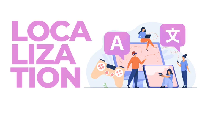 On the left of the image, the title Localization in bold light-purple letters over white background. On the right, a vector illustration of four people using various devices, mobile &amp; desktop, a screen, a game controller, and dialogue balloons in various languages.