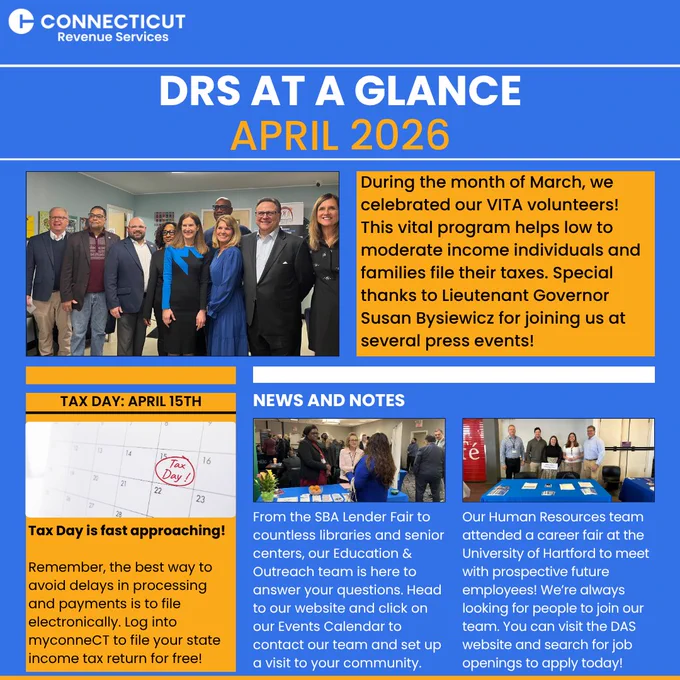 DRS April newsletter featuring a group photo of Lieutenant Governor Susan Bysiewicz, Commissioner Mark Boughton, and Waterbury officials during a VITA press conference and a reminder about the April 15th tax filing deadline. 