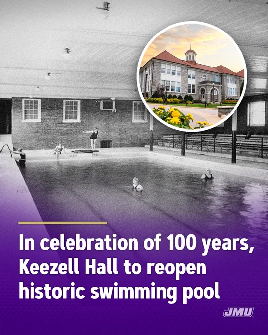 A graphic containing two photos. The main photo is black-and-white and shows students swimming in an indoor pool. In the top right in a circle is a photo of the exterior of Keezell Hall. At the bottom of the graphic in a purple gradient box is white text that reads “In celebration of 100 years, Keezell Hall to reopen historic swimming pool.”