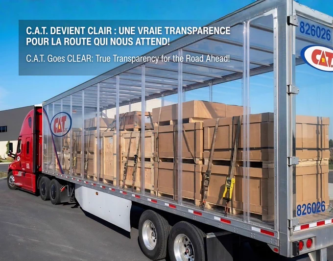 A C.A.T. Inc. red tractor trailer is shown with unusually clear side panels revealing stacked cardboard boxes secured inside. The transparent walls create the impression of full visibility into the trailer’s freight. A building and blue sky appear in the background, along with text promoting “C.A.T. Goes CLEAR.”