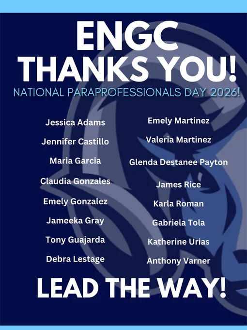 Poster with a blue background, listing names of individuals. Text reads: "ENGC THANKS YOU! NATIONAL PARAPROFESSIONALS DAY 2026!"