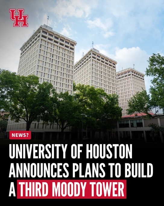 Two towers at Moody Towers with a third, fictitious tower added between them that is identical to the others. A headline reads, “University of Houston Announces Plans to Build a Third Moody Tower.”