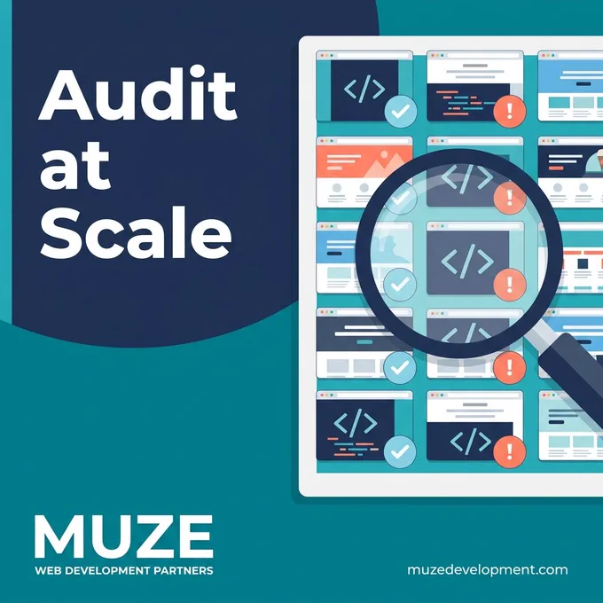 Flat illustration of a grid of website thumbnails with a magnifying glass scanning them, showing checkmarks and warning icons. Text reads Audit at Scale.