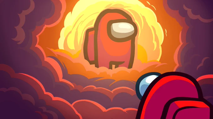 A modern (post-2021 art style) Red Crewmate stares up at a majestic sunlit sky where a gigantic old (pre-2021 art style) Red Crewmate comes out of the clouds.