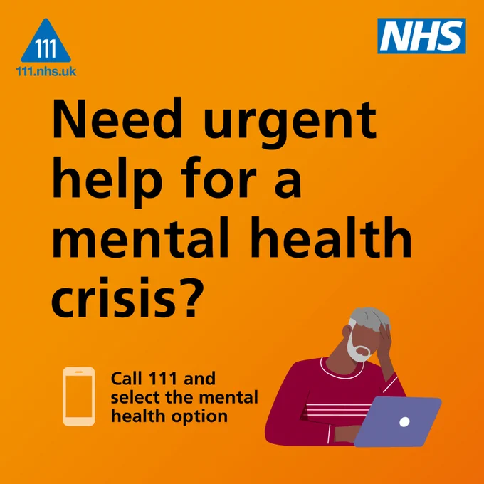 An image of a man with his head in his hand.
The headline text reads: "Need urgent help for a mental health crisis?"
The 111 logo features in the top left of the image. The NHS logo features in the top right of the image.