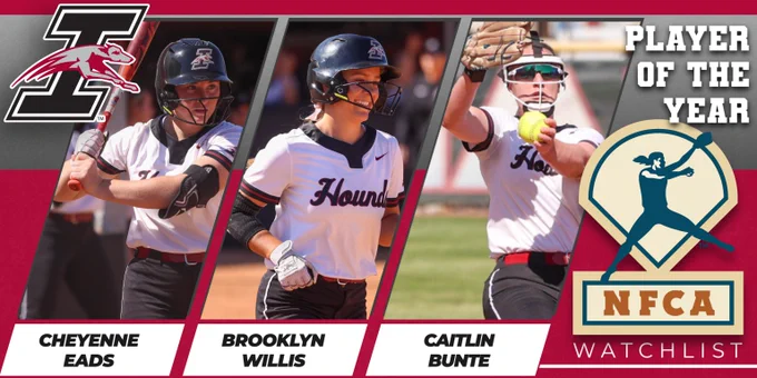 A graphic promoting UIndy softball student-athletes Caitlin Bunte, Brooklyn Willis and Cheyenne Eads as members of the NFCA DII Player/Pitcher of the Year watchlist.