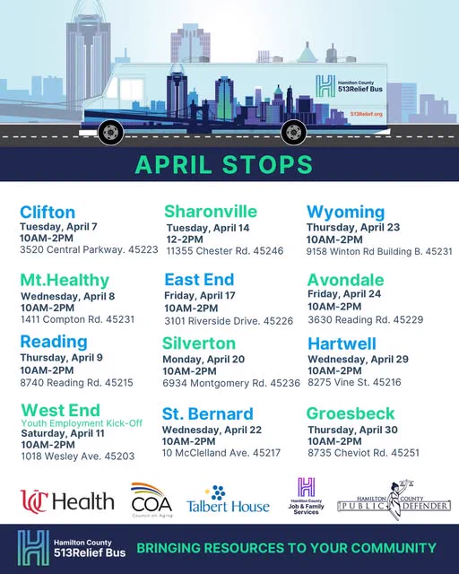 A graphic with the 513Relief Bus on top of 12 April dates for events.