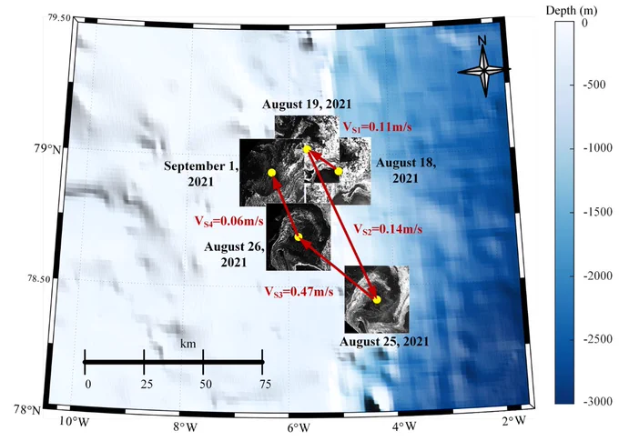 Trajectory and translation velocity of the eddy's rotational center in the marginal ice zone over its lifecycle.