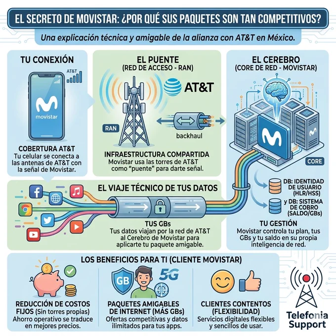 Infografía técnica y amigable sobre cómo Movistar ofrece precios competitivos usando la red de AT&T en México. En la parte superior, un smartphone de Movistar con el logo "Movistar" y el texto "COBERTURA AT&T" se conecta a una antena. Un flujo de datos viaja por un túnel seguro de fibra óptica hacia el 'Core de Red de Movistar'. El diagrama distingue la 'Red de Acceso de AT&T' (fierros/antenas) y el 'Core de Red de Movistar' (inteligencia/cobro). Un texto lateral resalta: 'Reducción de Costos Fijos = Paquetes más Amigables'. Logotipo de Telefonia Support en la esquina inferior derecha.