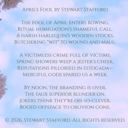 Poem meme in a grey caps font over a blue mackerel sky photo.