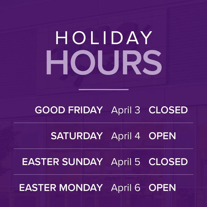 Holiday hours. Good Friday, April 3, closed; Saturday, April 4, open; Easter Sunday, April 5, closed; Easter Monday, April 6, open. 