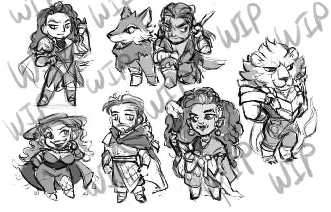 Group chibi work in progress sketch of Julien, Kattigan, Teor, Murray, Azune and Taisha from Critical Role: Araman
